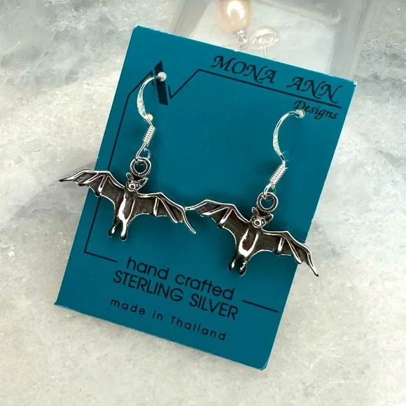 Sterling Silver 925 Bat Earrings with Vintage Finish Handmade - Picture 3 of 4